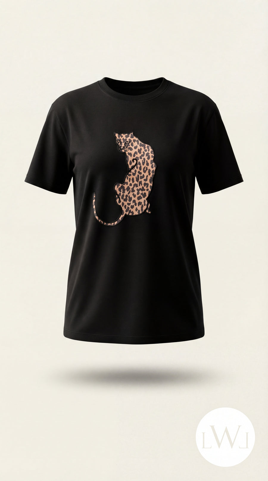 Leopar Desenli Yama Detaylı Siyah Oversize Bisiklet Yaka Tişört
