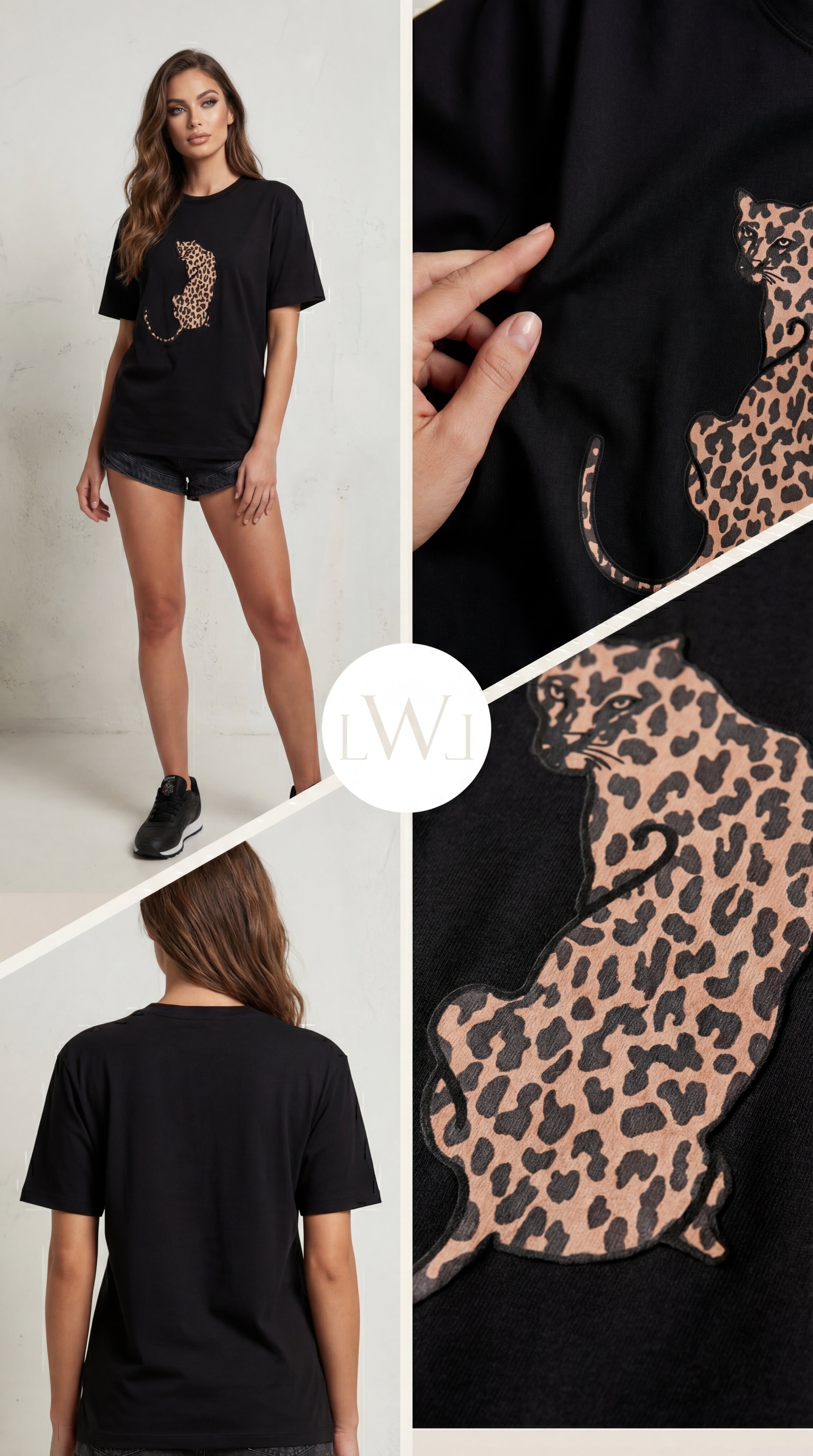 Leopar Desenli Yama Detaylı Siyah Oversize Bisiklet Yaka Tişört