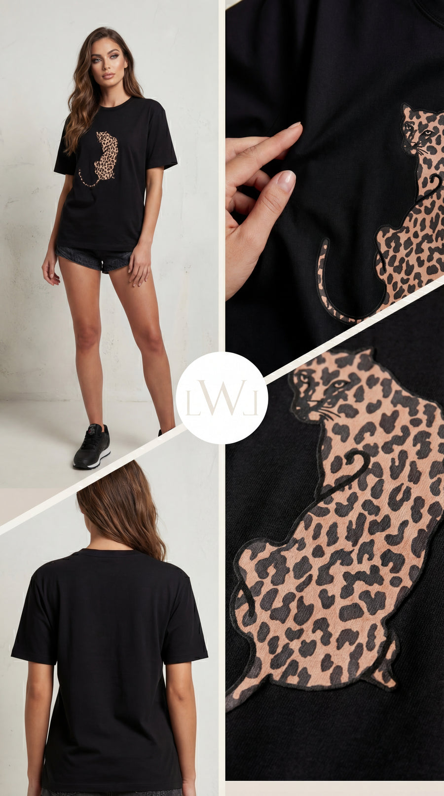 Leopar Desenli Yama Detaylı Siyah Oversize Bisiklet Yaka Tişört