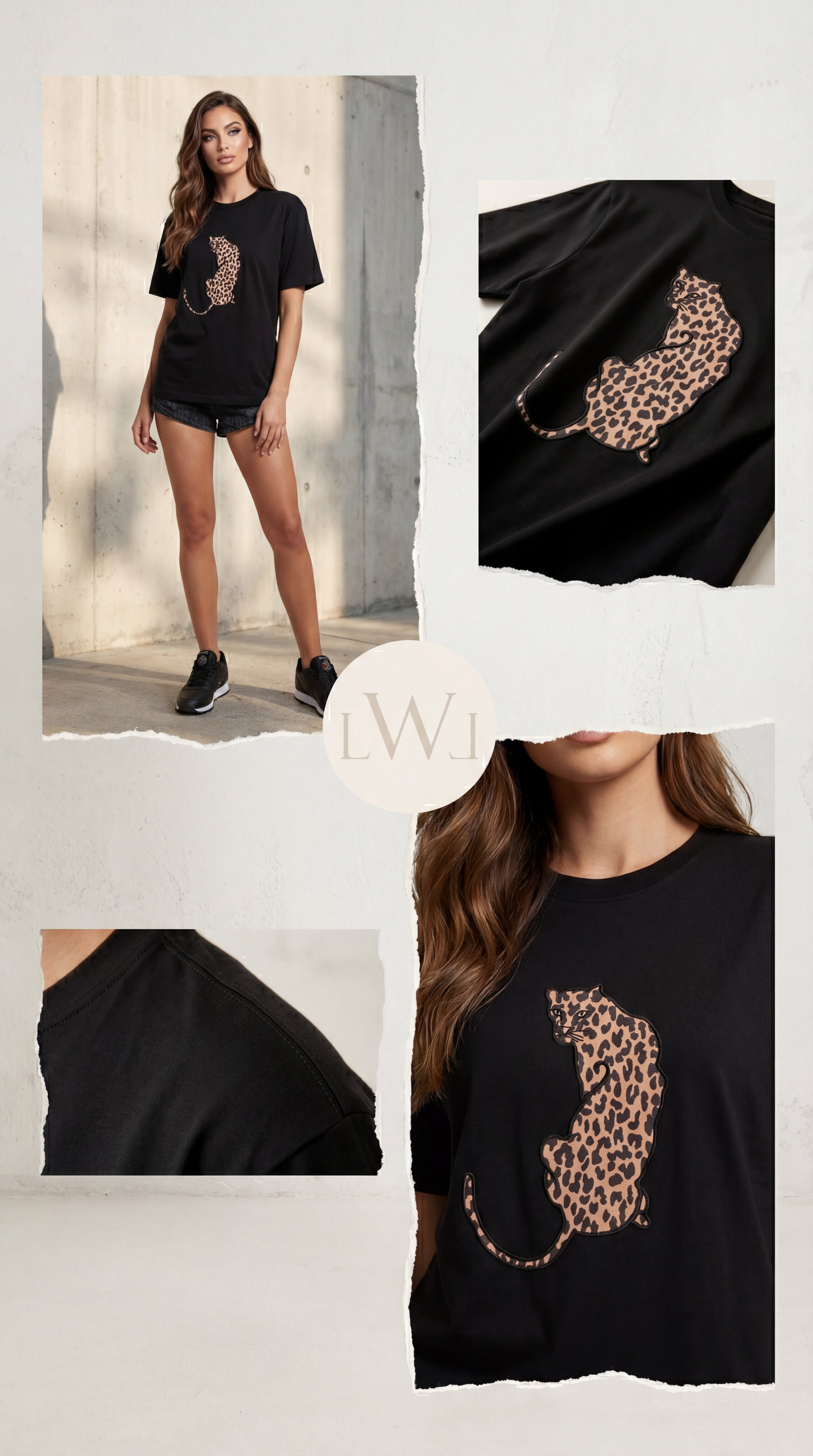 Leopar Desenli Yama Detaylı Siyah Oversize Bisiklet Yaka Tişört