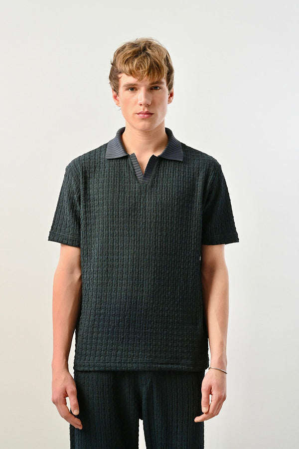 Textured Fabric Petrol Polo Neck V-Cut Men's T-Shirt