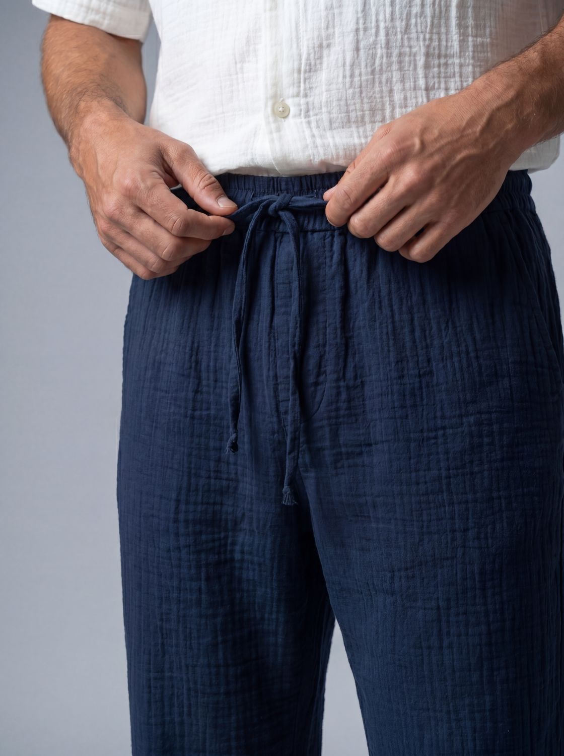 Erkek Müslin Pantolon - Beli Lastikli ve Bağcıklı Rahat Kesim Yazlık Pantolon