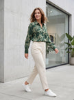 Satin Leaf Patterned Green Embossed Women's Shirt