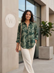 Satin Leaf Patterned Green Embossed Women's Shirt