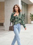 Satin Leaf Patterned Green Embossed Women's Shirt