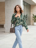 Satin Leaf Patterned Green Embossed Women's Shirt