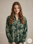 Satin Leaf Patterned Green Embossed Women's Shirt
