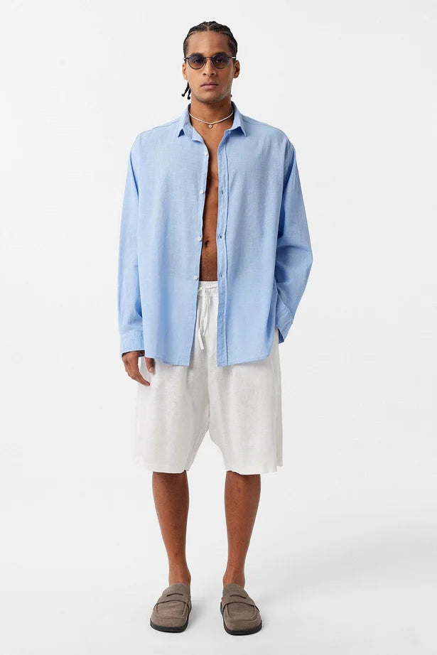 Basic Oversize Pamuk Keten Gömlek Mavi