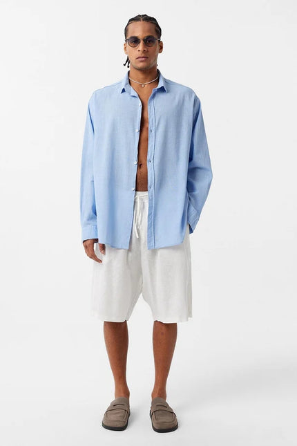 Basic Oversize Cotton Linen Shirt Blue