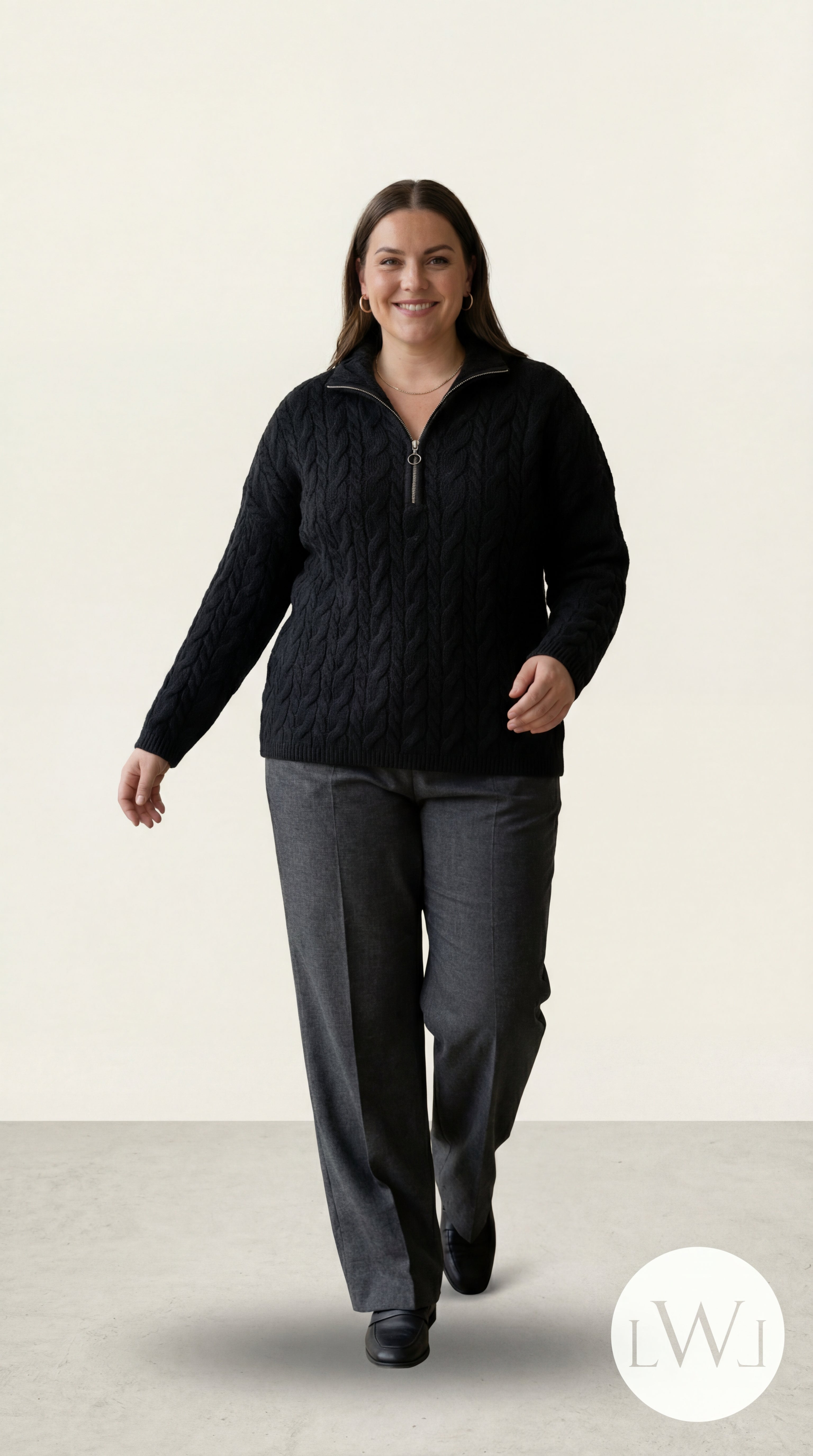 Kadın Siyah Oversize Fermuarlı Örgü Kazak – Standart Beden