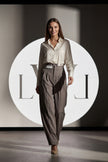 High Waist Pleated Belt Wide Leg Women's Fabric Trousers