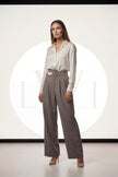 High Waist Pleated Belt Wide Leg Women's Fabric Trousers