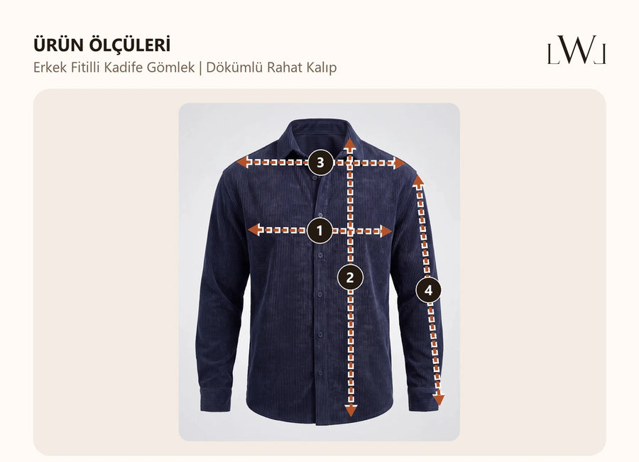 Erkek Fitilli Kadife Gömlek | Dökümlü Oversize Kalıp ölçü noktaları