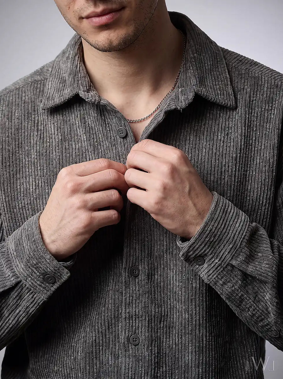 LWL OVERSIZE EFEKTLİ KADİFE GÖMLEK Antrasit - görsel 02